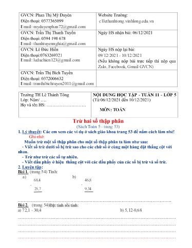 Bài giảng môn Toán học Lớp 5 - Tuần 11 - Năm học: 2021-2022 - Trường Tiểu học Lê Thánh Tông