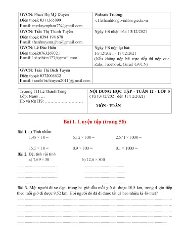 Bài giảng môn Toán học Lớp 5 - Tuần 12 - Năm học: 2021-2022 - Trường Tiểu học Lê Thánh Tông