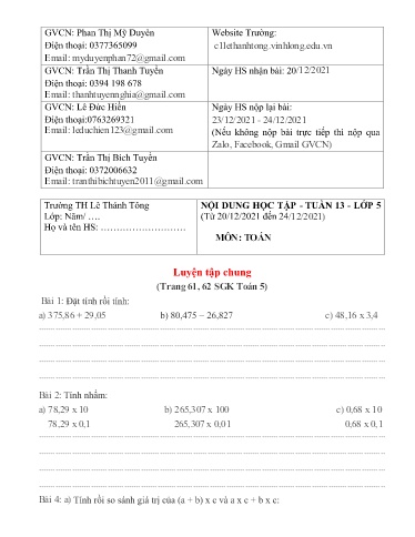 Bài giảng môn Toán học Lớp 5 - Tuần 13 - Năm học: 2021-2022 - Trường Tiểu học Lê Thánh Tông