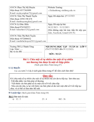 Bài giảng môn Toán học Lớp 5 - Tuần 14 - Năm học: 2021-2022 - Trường Tiểu học Lê Thánh Tông