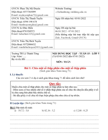 Bài giảng môn Toán học Lớp 5 - Tuần 15 - Năm học: 2021-2022 - Trường Tiểu học Lê Thánh Tông