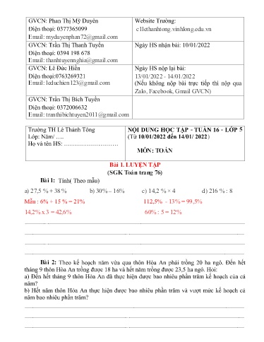 Bài giảng môn Toán học Lớp 5 - Tuần 16 - Năm học: 2021-2022 - Trường Tiểu học Lê Thánh Tông