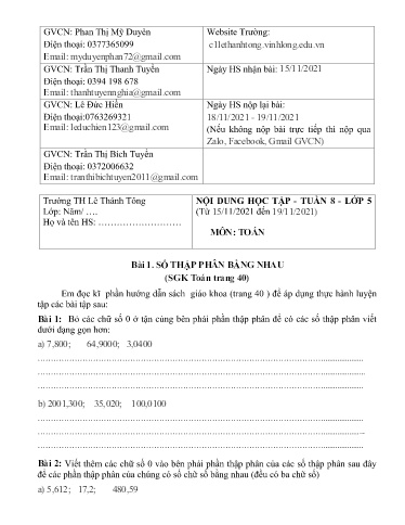 Bài giảng môn Toán học Lớp 5 - Tuần 8 - Năm học: 2021-2022 - Trường Tiểu học Lê Thánh Tông