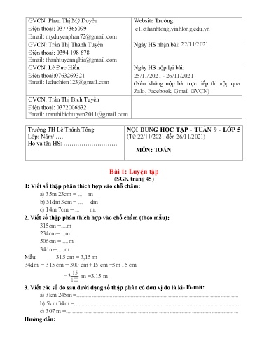 Bài giảng môn Toán học Lớp 5 - Tuần 9 - Năm học: 2021-2022 - Trường Tiểu học Lê Thánh Tông