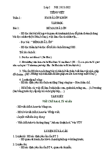 Bài tập môn Tiếng Việt Lớp 2 - Tuần 1+2 - Năm học 2021-2022