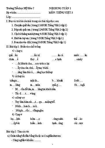 Bài tập môn Tiếng Việt Lớp 3 - Tuần 1 - Trường Tiểu học Mỹ Hòa C