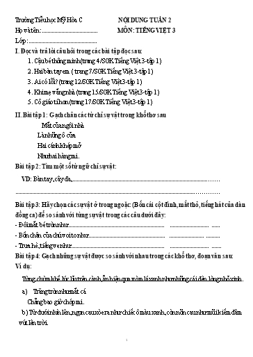 Bài tập môn Tiếng Việt Lớp 3 - Tuần 2 - Trường Tiểu học Mỹ Hòa C