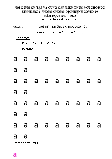 Bài tập môn Tiếng Việt + Toán học Lớp 1 - Tuần 1+2 - Năm học 2021-2022