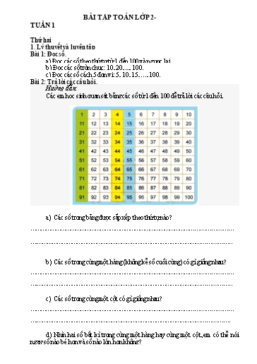 Bài tập môn Toán học Lớp 2 - Tuần 1+2