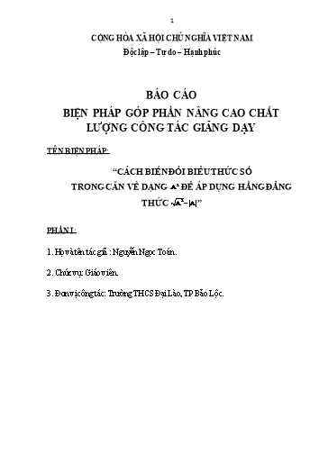 Báo cáo Biện pháp Cách biến đổi biểu thức số trong căn về √A²₌ |A| - Năm học 2022-2023 - Nguyễn Ngọc Toán