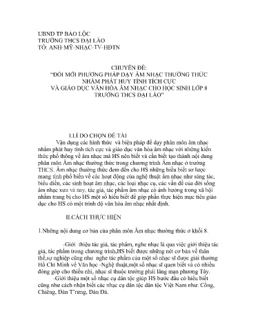 Báo cáo Chuyên đề Âm nhạc Lớp 8 - Đổi mới phương pháp dạy âm nhạc thường thức nhằm phát huy tính tích cực và giáo dục văn hóa âm nhạc cho học sinh Lớp 8 Trường THCS Đại Lào - Năm học 2022-2023 - Nguyễn Thị Dạ Kiều