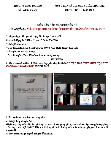 Báo cáo Chuyên đề Mỹ thuật Lớp 7 - Cách tạo họa tiết giúp học tốt phân môn trang trí - Năm học 2021-2022 - Nguyễn Thị Hoa