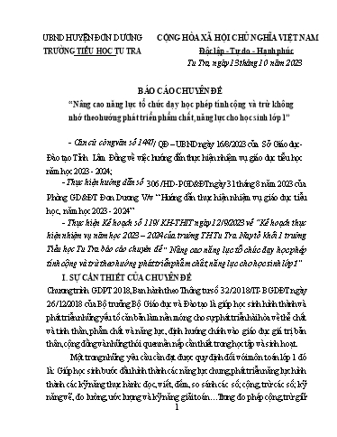 Báo cáo Chuyên đề Nâng cao năng lực tổ chức dạy học phép tính cộng và trừ không nhớ theo hướng phát triển phẩm chất, năng lực cho học sinh lớp 1 - Năm học 2023-2024 - Trường Tiểu học Tu Tra
