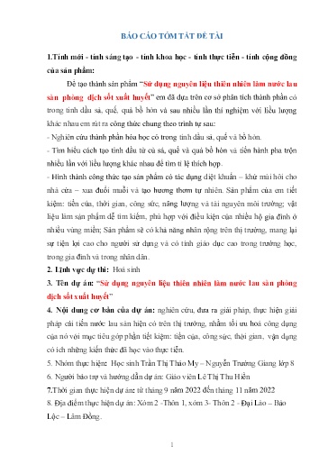 Báo cáo cuộc thi khoa học kỹ thuât: Sử dụng nguyên liệu thiên nhiên làm nước lau sàn phòng dịch sốt xuất huyết - Năm học 2022-2023 - Trần Thị Thảo My+Nguyễn Trường Giang