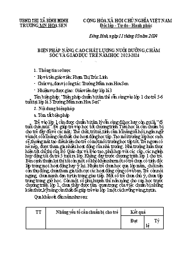 Báo cáo sáng kiến: Biện pháp chuẩn bị tâm thế sẵn sàng vào lớp 1 cho trẻ 5-6 tuổi tại lớp lá 3 Trường Mầm non Hoa Sen - Phạm Thị Trúc Linh