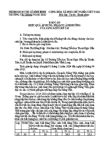 Báo cáo sáng kiến: Biện pháp rèn kỹ năng viết câu đúng, câu hay cho học sinh Lớp 5 trong phân môn Luyện từ và câu - Đinh Thị Hồng Điệp