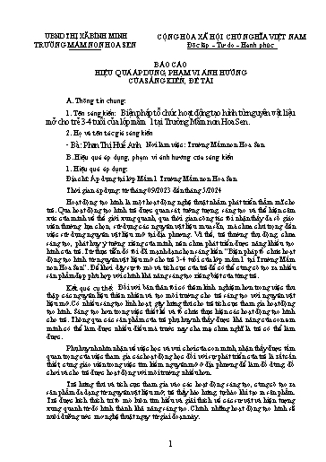 Báo cáo sáng kiến: Biện pháp tổ chức hoạt động tạo hình từ nguyên vật liệu mở cho trẻ 3-4 tuổi của lớp mầm 1 tại Trường Mầm non Hoa Sen - Phan Thị Huế Anh
