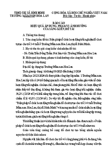 Báo cáo sáng kiến: Biện pháp tổ chức hoạt động trải nghiệm đồ chơi tự tạo cho trẻ 3-4 tuổi ở Trường Mầm non Hoa Lan - Châu Trần Đồng Thắm