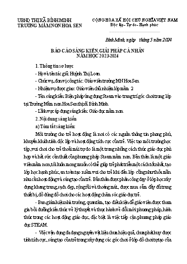Báo cáo sáng kiến: Biện pháp ứng dụng STEAM vào trang trí góc chơi trong lớp tại Trường Mầm non Hoa Sen Thị xã Bình Minh - Huỳnh Thị Loan