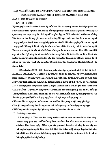 Báo cáo sáng kiến: Dạy trẻ kỹ năng tự vệ bản thân khi tiếp xúc người lạ cho trẻ 4-5 tuổi tại Trường Mầm non Hoa Sen - Thạch Thị Thu Sương