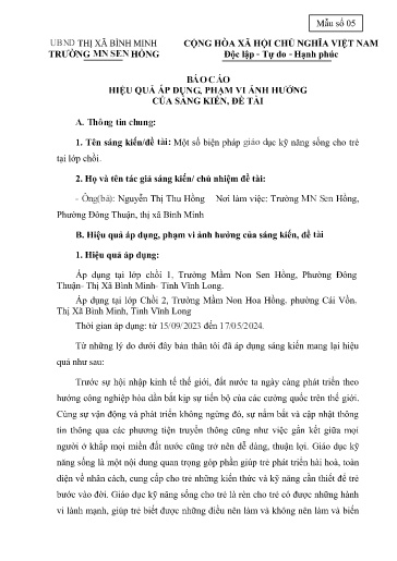 Báo cáo sáng kiến: Một số biện pháp giáo dục kỹ năng sống cho trẻ tại lớp Chồi - Nguyễn Thị Thu Hồng