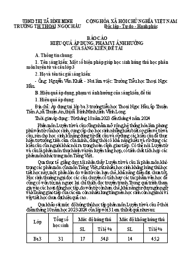 Báo cáo sáng kiến: Một số biện pháp giúp học sinh hứng thú học phân môn luyện từ và câu Lớp 3 - Nguyễn Văn Khiết