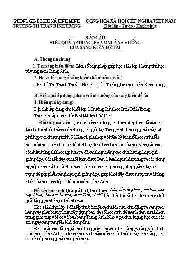 Báo cáo sáng kiến: Một số biện pháp giúp học sinh Lớp 1 hứng thú học từ vựng môn Tiếng Anh - Lê Thị Thanh Thúy
