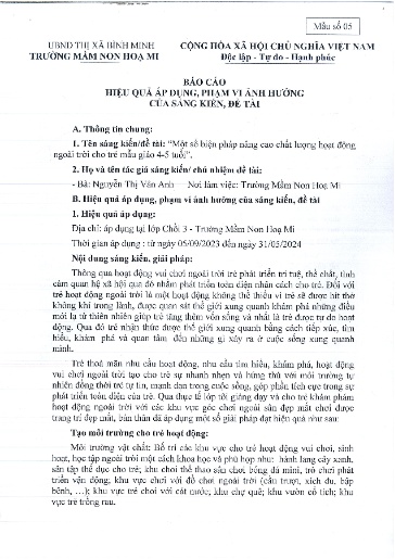 Báo cáo sáng kiến: Một số biện pháp nâng cao chất lượng hoạt động ngoài trời cho trẻ mẫu giáo 4-5 tuổi - Nguyễn Thị Vân Anh