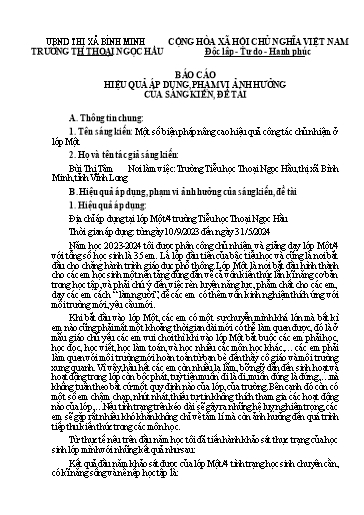Báo cáo sáng kiến: Một số biện pháp nâng cao hiệu quả công tác chủ nhiệm ở Lớp 1 - Bùi Thị Tâm
