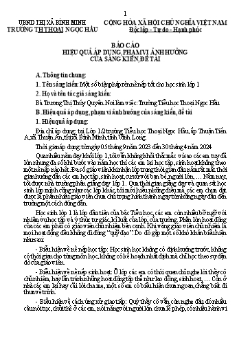 Báo cáo sáng kiến: Một số biện pháp rèn nề nếp tốt cho học sinh Lớp 1 - Trương Thị Thúy Quyên