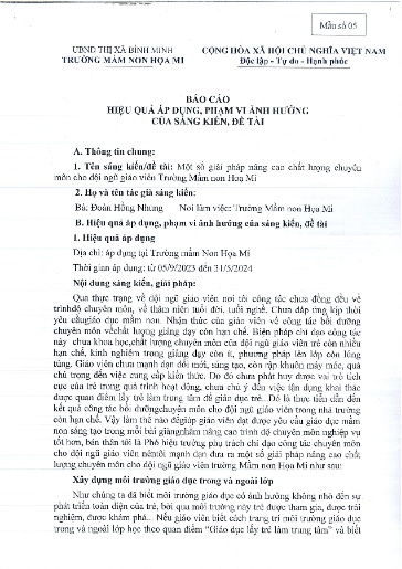 Báo cáo sáng kiến: Một số giải pháp nâng cao chất lượng chuyên môn cho đội ngũ giáo viên Trường Mầm non Họa Mi - Đoàn Hồng Nhung