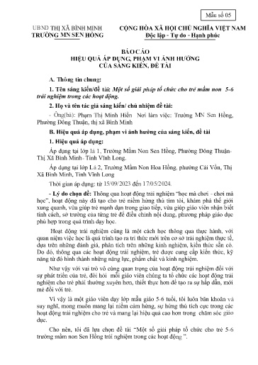Báo cáo sáng kiến: Một số giải pháp tổ chức cho trẻ mầm non 5-6 tuổi trải nghiệm trong các hoạt động - Phạm Thị Minh Hiền