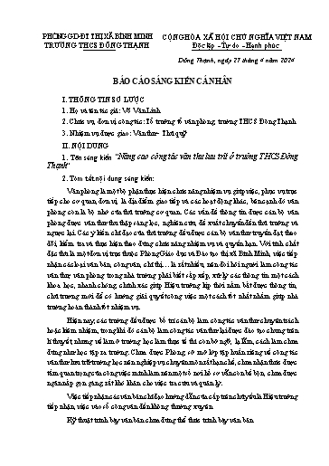 Báo cáo sáng kiến: Nâng cao công tác văn thư lưu trữ ở trường THCS Đông Thạnh - Võ Văn Linh
