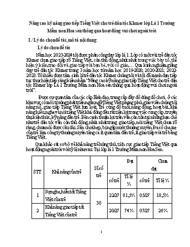 Báo cáo sáng kiến: Nâng cao kỹ năng giao tiếp Tiếng Việt cho trẻ dân tộc Khmer lớp Lá 1 Trường Mầm non Hoa sen thông qua hoạt động vui chơi ngoài trời - Sơn Thị Kim Tươi