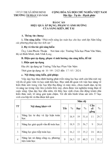 Báo cáo sáng kiến: Phát triển năng lực toán học cho học sinh Lớp 5 bằng các phương pháp dạy học tích cực - Lâm Phước Thuận