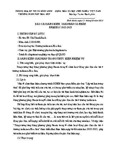 Báo cáo sáng kiến: Tăng cường ứng dụng phương pháp STEAM trong tổ chức hoạt động giáo dục cho trẻ ở Trường Mầm non Hoa Sen - Hồ Thị Thanh Bạch