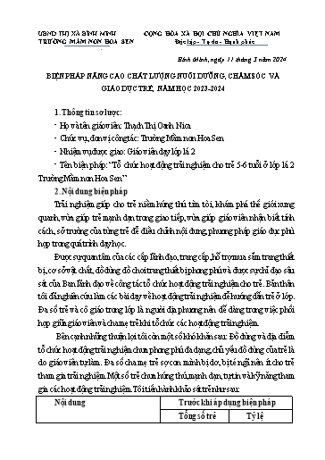 Báo cáo sáng kiến: Tổ chức hoạt động trải nghiệm cho trẻ 5-6 tuổi ở lớp Lá 2 Trường Mầm non Hoa Sen - Thạch Thị Oanh Nica