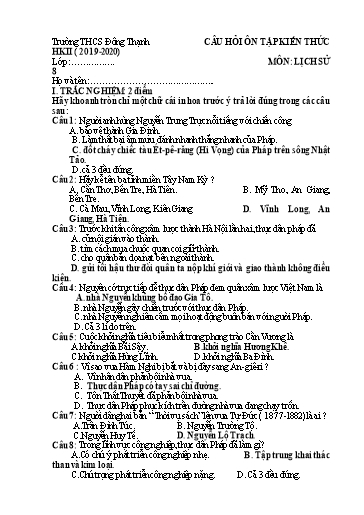 Câu hỏi ôn tập học kỳ 2 môn Lịch sử Lớp 8 - Năm học 2019-2020 - Trường THCS Đông Thạnh