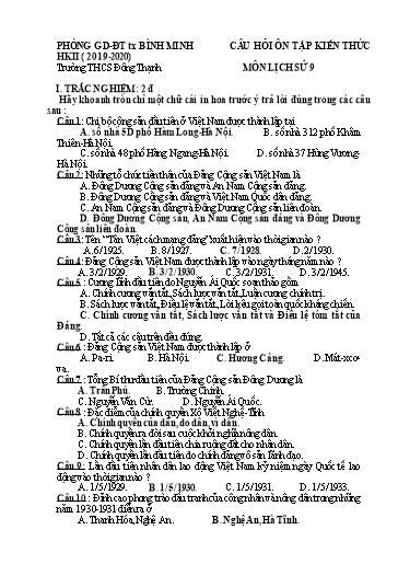 Câu hỏi ôn tập học kỳ 2 môn Lịch sử Lớp 9 - Năm học 2019-2020 - Trường THCS Đông Thạnh