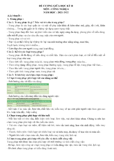 Đề cương ôn tập giữa học kỳ 2 môn Công nghệ Lớp 6 - Năm học 2021-2022 - Phạm Thị Lư