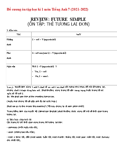 Đề cương ôn tập học kỳ 1 môn Tiếng Anh Lớp 7 - Năm học 2021-2022