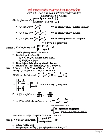Đề cương ôn tập học kỳ 2 môn Toán học Lớp 9 - Các bài toán về hệ phương trình - Nguyễn Xuân Hướng