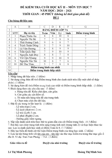 Đề thi cuối học kỳ 2 môn Tin học Lớp 7 - Năm học 2020-2021 (Có đáp án + Ma trận)