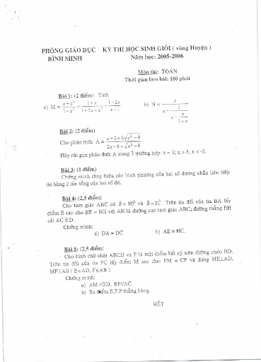 Đề thi học sinh giỏi cấp huyện môn Toán học - Phòng GD&ĐT Thị xã Bình Minh - Năm 2005 đến 2014