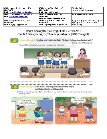 Giáo án Hoạt động trải nghiệm Lớp 2 - Tuần 11, Chủ đề 3: Kính yêu thầy cô, thân thiện với bạn bè - Trường Tiểu học Lê Thánh Tông