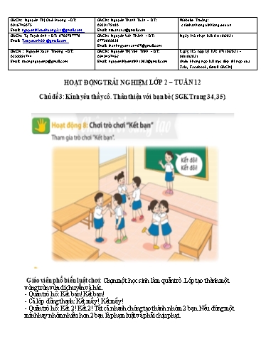 Giáo án Hoạt động trải nghiệm Lớp 2 - Tuần 12, Chủ đề 3: Kính yêu thầy cô, thân thiện với bạn bè - Trường Tiểu học Lê Thánh Tông