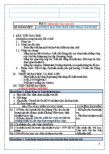 Giáo án môn Ngữ Văn Lớp 7 - Bài 1: Tiếng nói của vạn vật (Làm một bài thơ bốn chữ hoặc năm chữ)