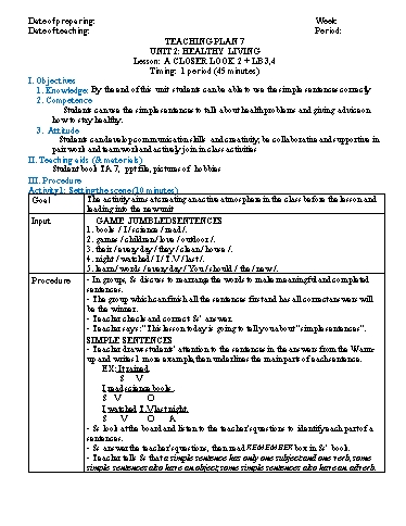 Giáo án môn Tiếng Anh Lớp 7 - Unit 2: Healthy Living (Lesson 2)