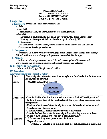 Giáo án môn Tiếng Anh Lớp 7 - Unit 2: Healthy Living (Lesson: Communication)