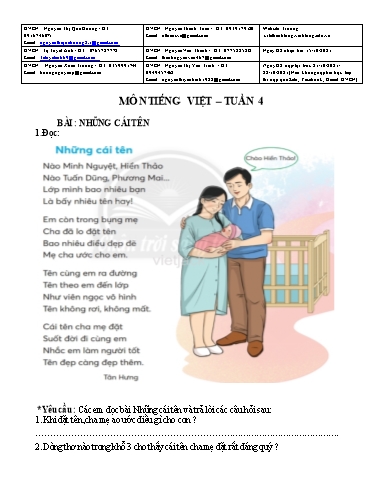 Giáo án môn Tiếng Việt Lớp 2 - Tuần 4, Bài: Những cái tên - Trường Tiểu học Lê Thánh Tông